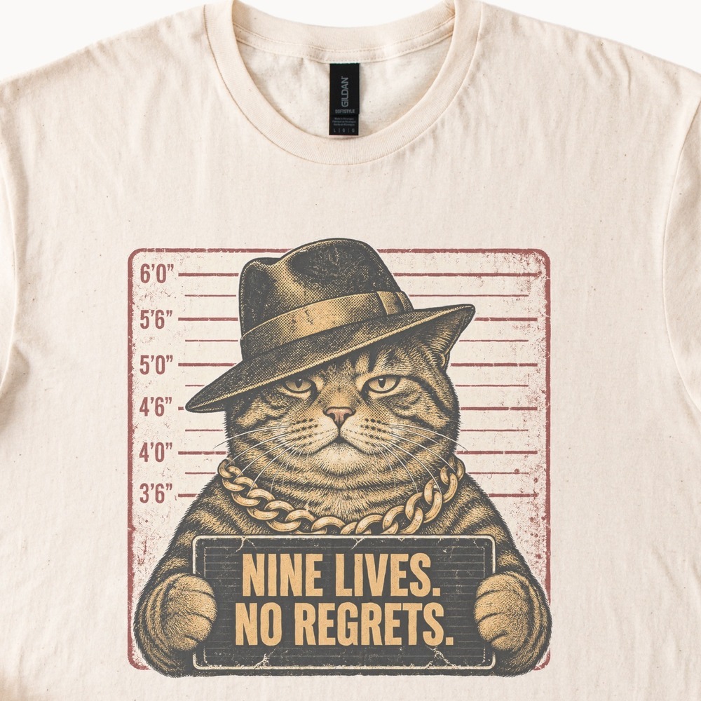 Nine Lives No Regrets Tabby Cat Mugshot Tee